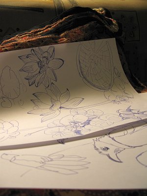 Nature study sketches of lotus flowers and birds for a pattern