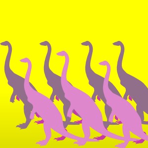 A herd of identical dinos all facing in the same direction.